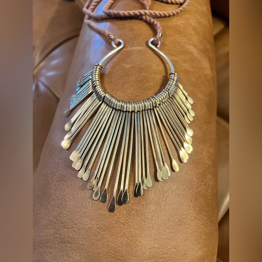 Artisan Boho Collar Necklace Brass Fringe Crescent Anthropologie Style - Picture 2 of 7